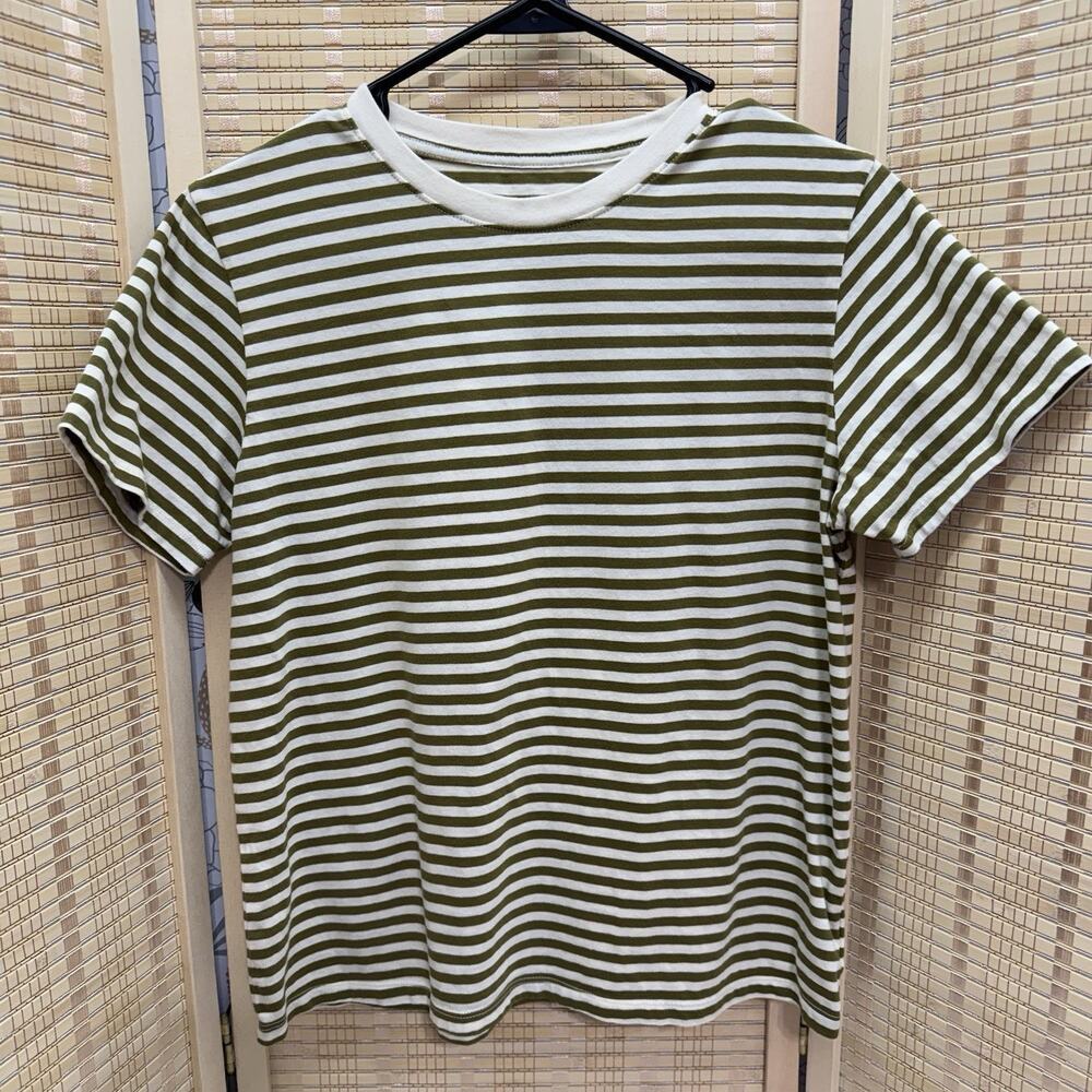 American Eagle Shirt Women's Size Small Green Cream Striped Short Sleeve Top